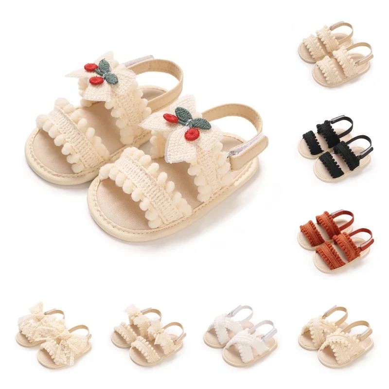 AliExpress Girls' summer sandals 0-18 months old, cute bow cherry decoration, soft sole, breathable, casual and comfortable