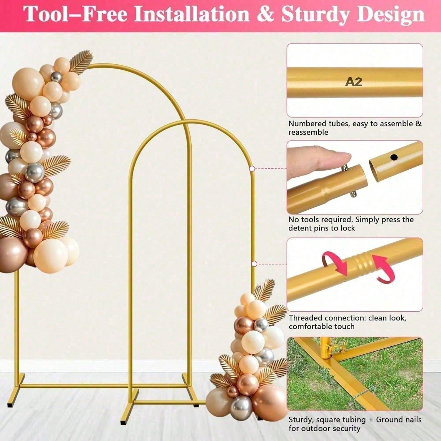 AliExpress Gold Metal Arch Backdrop Stand Set Of 3,7.2FT,6.6FT,6FT Wedding Arch Frame,Stable Detachable Balloon Arch Stand For Balloon Garland,Floral Arrangements,Fabric Drapes,Wedding Reception,Birthday Party,Baby Shower,Photo Backdrop,Christmas,Holiday Decor, view 2