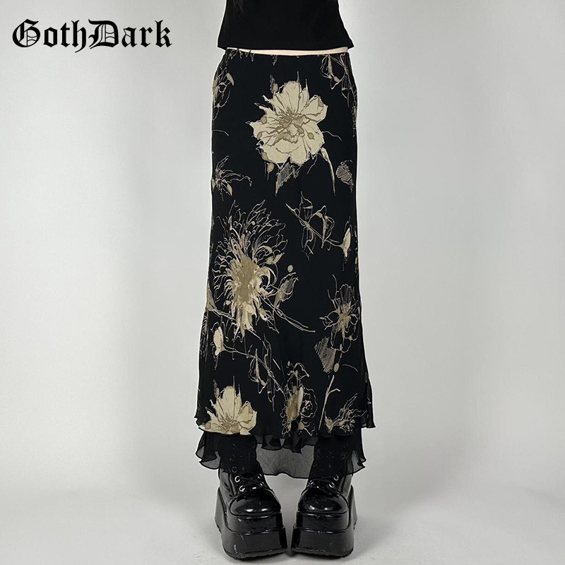 AliExpress Goth Dark Y2K Aestheics Double Layer Mesh A-line Skirt Women Fashion Florals Print Slim Skirts Fairy Streetwear Gothic Bottoms