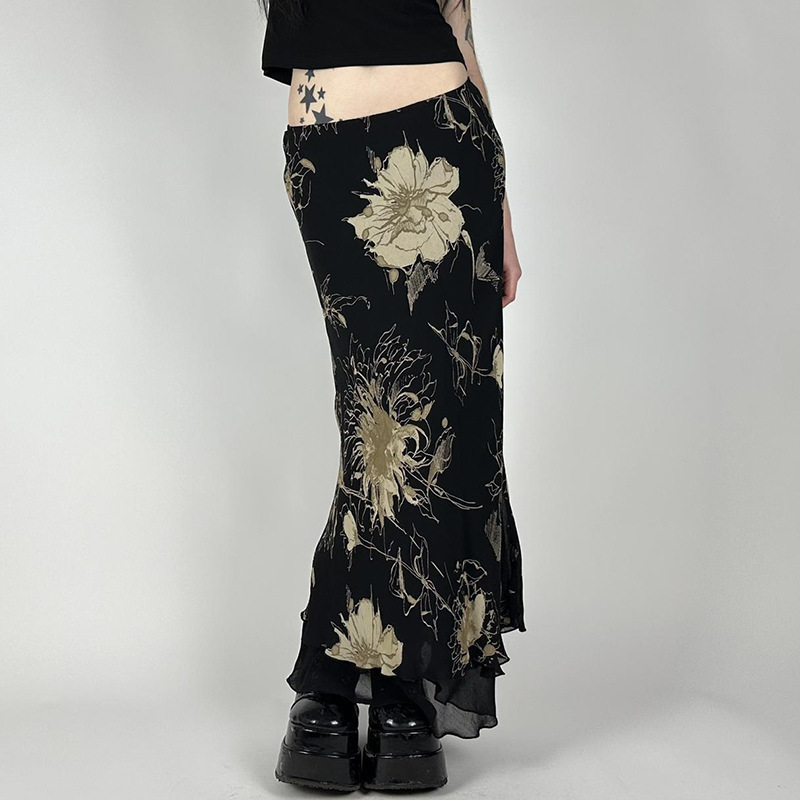 AliExpress Goth Dark Y2K Aestheics Double Layer Mesh A-line Skirt Women Fashion Florals Print Slim Skirts Fairy Streetwear Gothic Bottoms, view 3