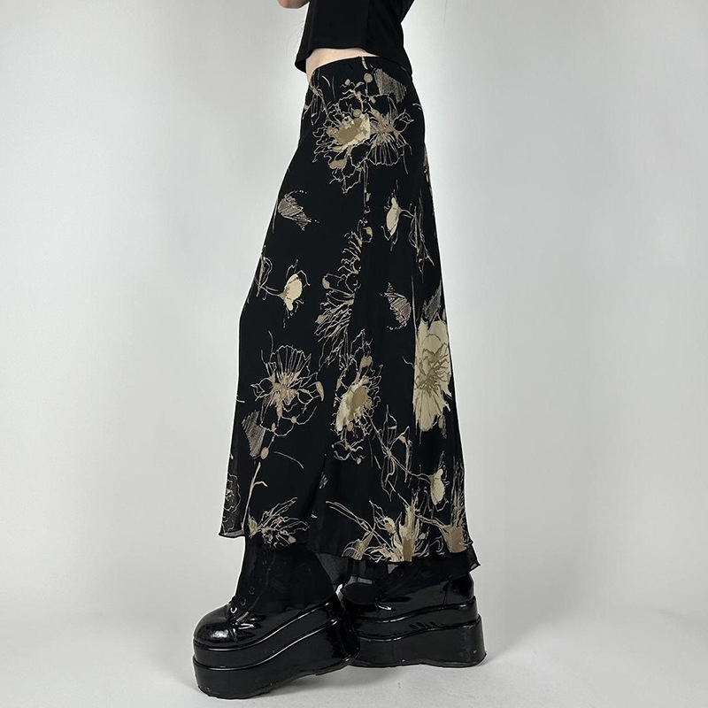 AliExpress Goth Dark Y2K Aestheics Double Layer Mesh A-line Skirt Women Fashion Florals Print Slim Skirts Fairy Streetwear Gothic Bottoms, view 4