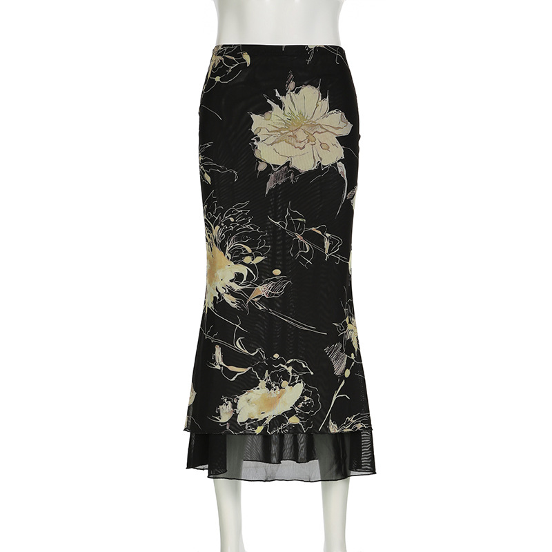 AliExpress Goth Dark Y2K Aestheics Double Layer Mesh A-line Skirt Women Fashion Florals Print Slim Skirts Fairy Streetwear Gothic Bottoms, view 5