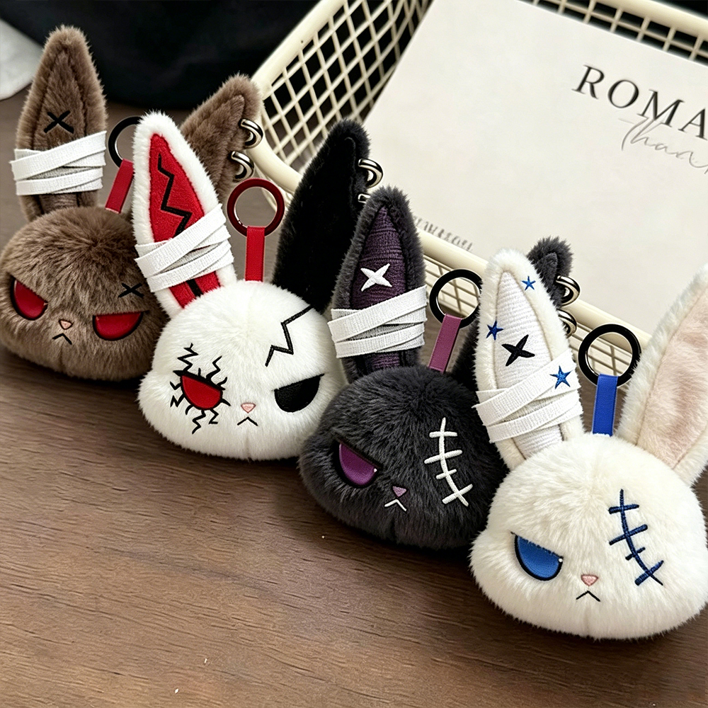 AliExpress Gothic Bunny Plush Keychain RabbitBag Charm with Bandage Desian Kawaii Key Ring Pendant Car Bag Ornament Girl Child Gift To, view 3