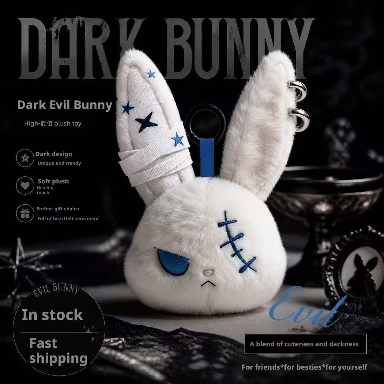 AliExpress Gothic Bunny Plush Keychain RabbitBag Charm with Bandage Desian Kawaii Key Ring Pendant Car Bag Ornament Girl Child Gift To, view 4
