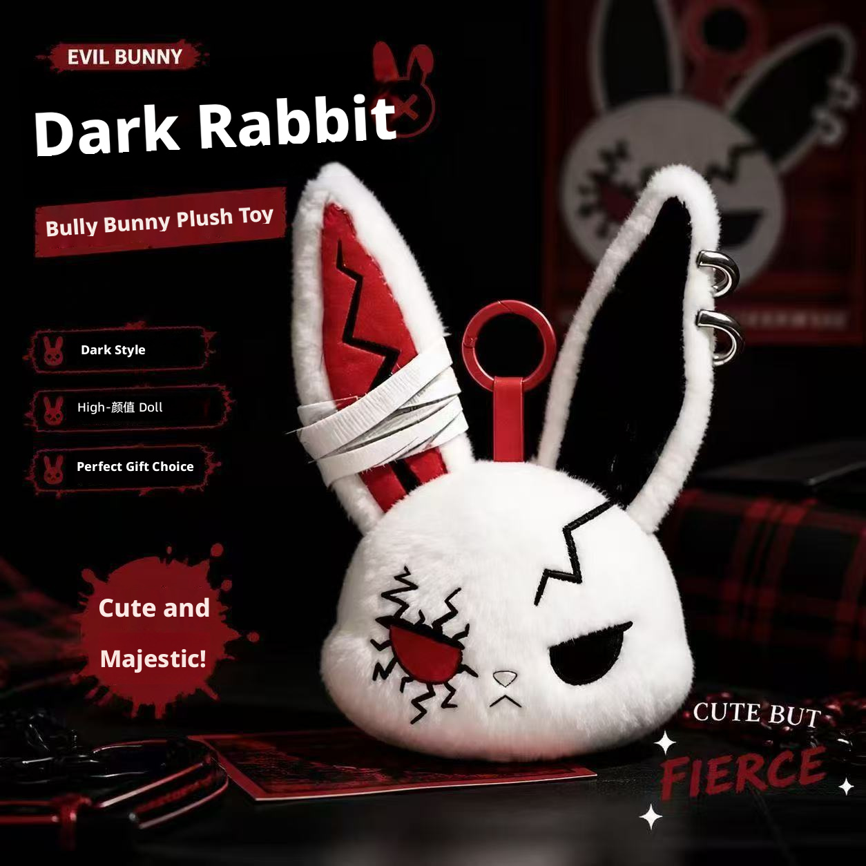 AliExpress Gothic Bunny Plush Keychain RabbitBag Charm with Bandage Desian Kawaii Key Ring Pendant Car Bag Ornament Girl Child Gift To, view 5