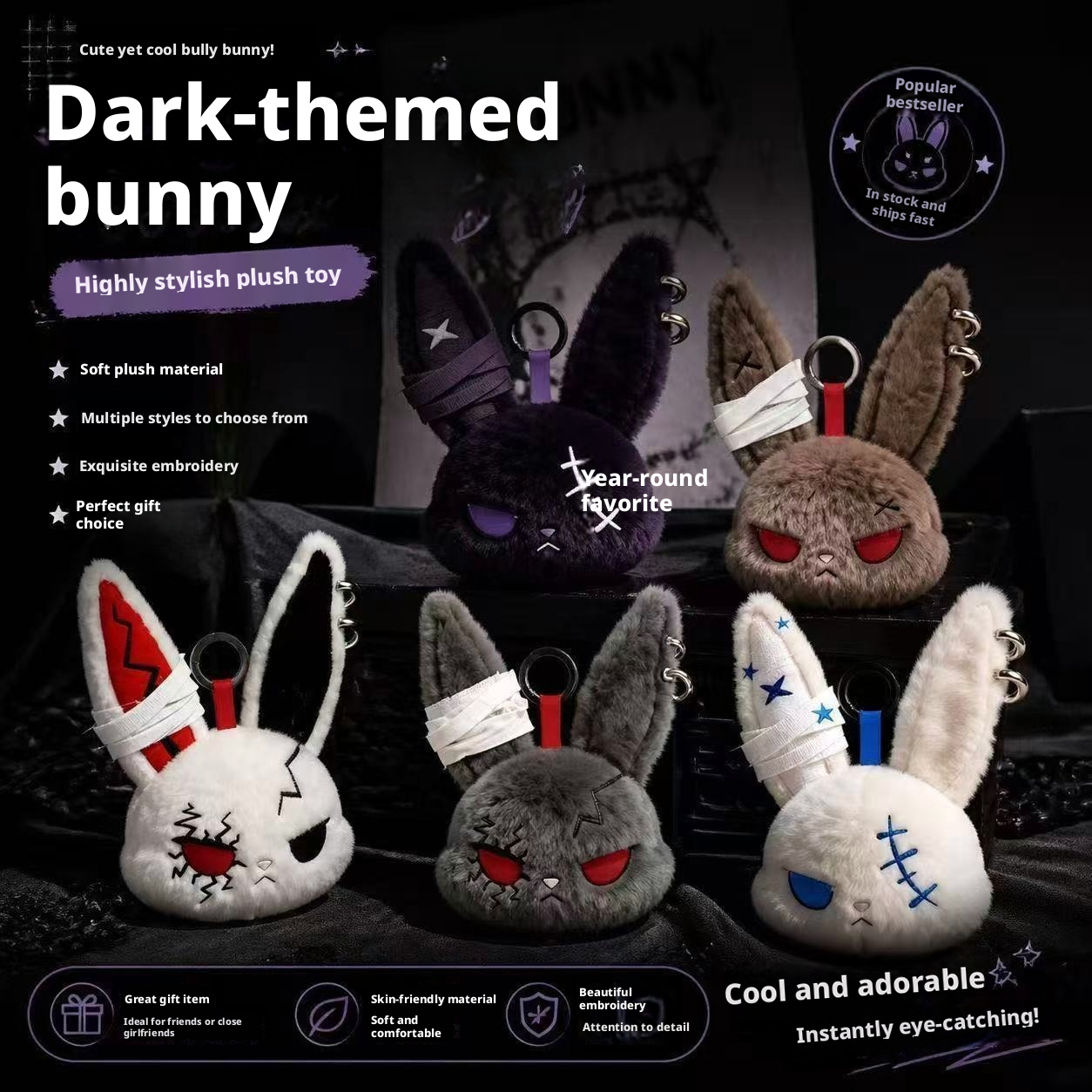 AliExpress Gothic Bunny Plush Keychain RabbitBag Charm with Bandage Desian Kawaii Key Ring Pendant Car Bag Ornament Girl Child Gift To, view 6