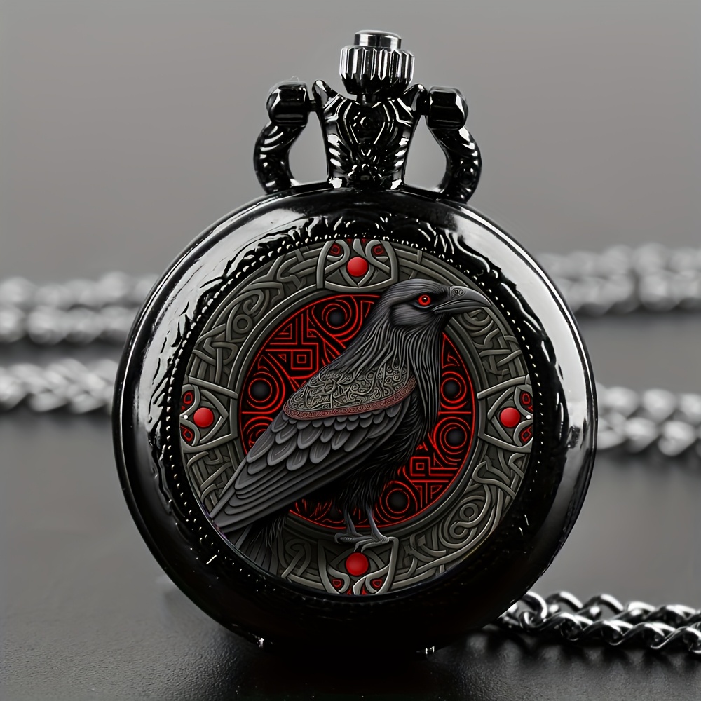 AliExpress Gothic Design Black Raven Pocket Watch With Necklace Alloy Case & Band,Quartz Movement, Non-Waterproof Watch for Men Women Kids