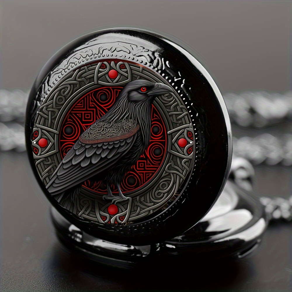 AliExpress Gothic Design Black Raven Pocket Watch With Necklace Alloy Case & Band,Quartz Movement, Non-Waterproof Watch for Men Women Kids, view 2
