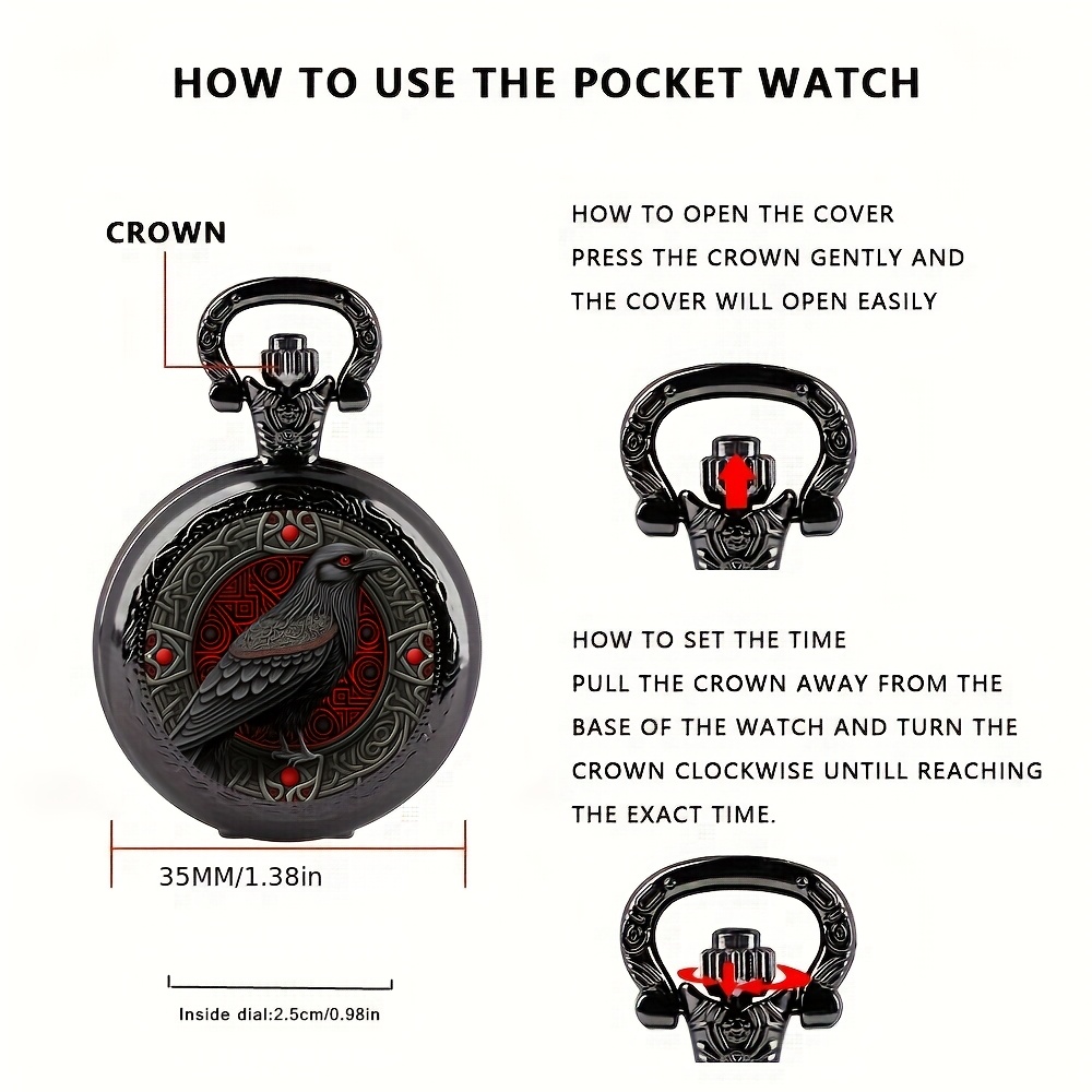 AliExpress Gothic Design Black Raven Pocket Watch With Necklace Alloy Case & Band,Quartz Movement, Non-Waterproof Watch for Men Women Kids, view 5