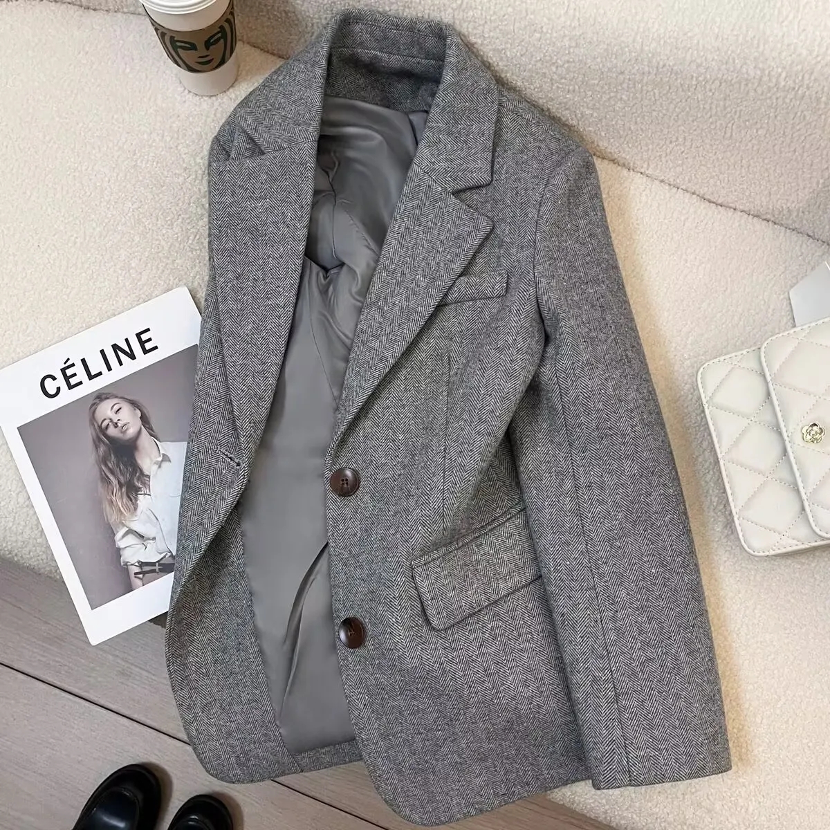 AliExpress Grey Herringbone Pattern Woolen Suit Jacket for Women 2026 New Autumn Winter Retro Commuting Casual Top Female Single Breasted