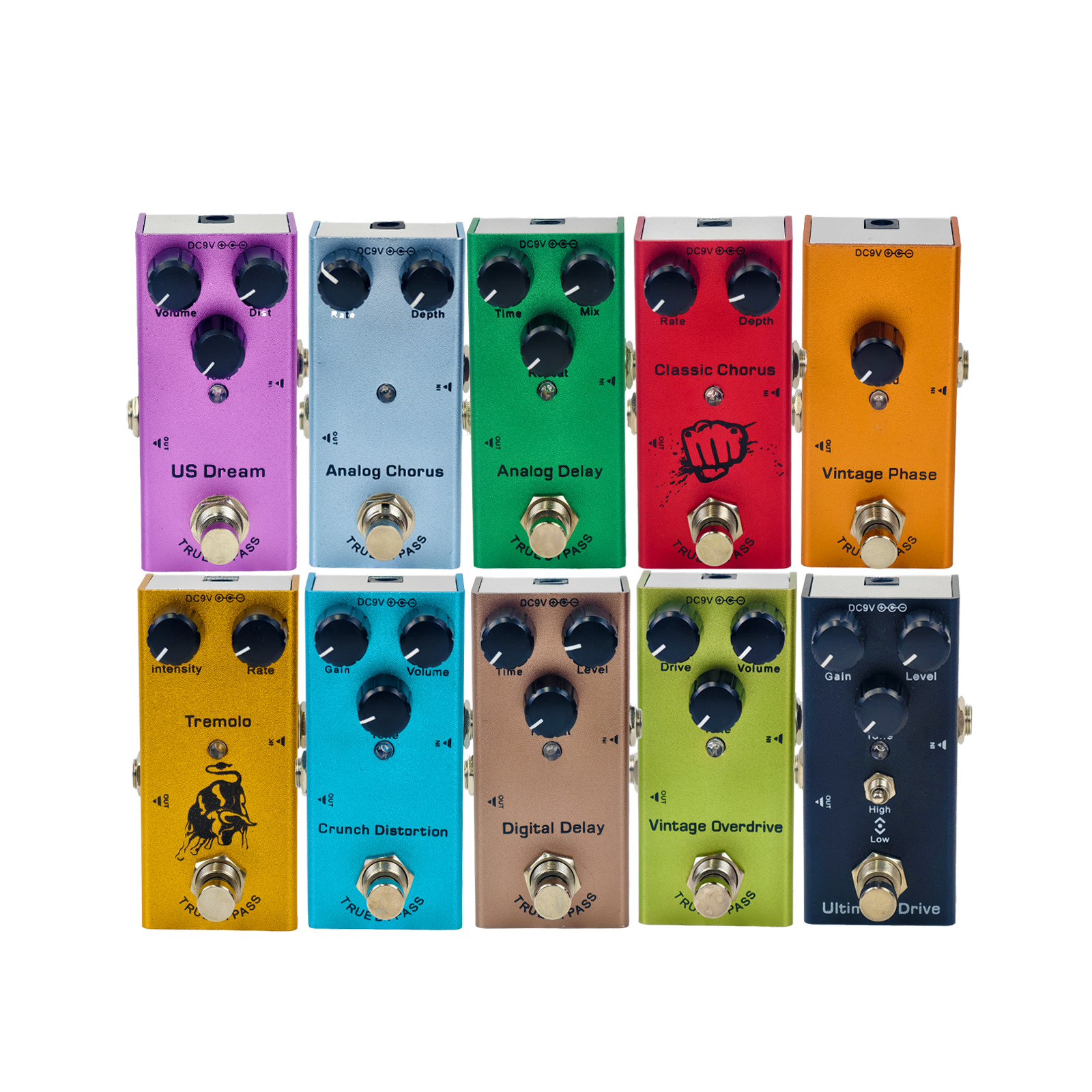 AliExpress Guitar Stompbox Essential Series: Vintage Overdrive, US Dream, Classic Chorus, Tremolo, Analog/Digital Delay, Ultimate Drive.