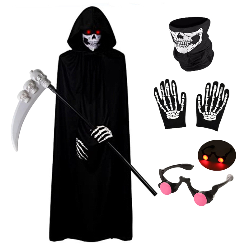 AliExpress Halloween Scary Costume Grim Reaper Costume for Boys Kids Costume with Glowing Red Eyes with Gloves Mask