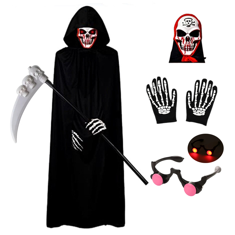 AliExpress Halloween Scary Costume Grim Reaper Costume for Boys Kids Costume with Glowing Red Eyes with Gloves Mask, view 2