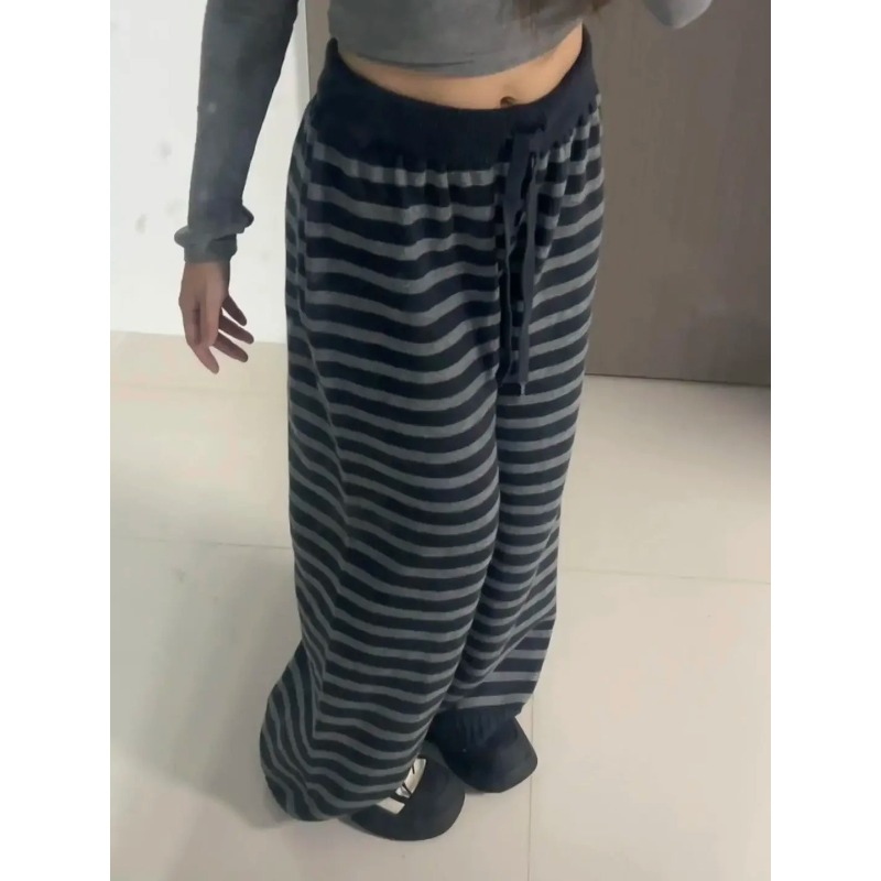 AliExpress Harajuku Contrast Color Stripe Wide Leg Trousers Vintage Grunge Loose Knitted Casual Pant Y2k Aesthetic Women Straight Pants