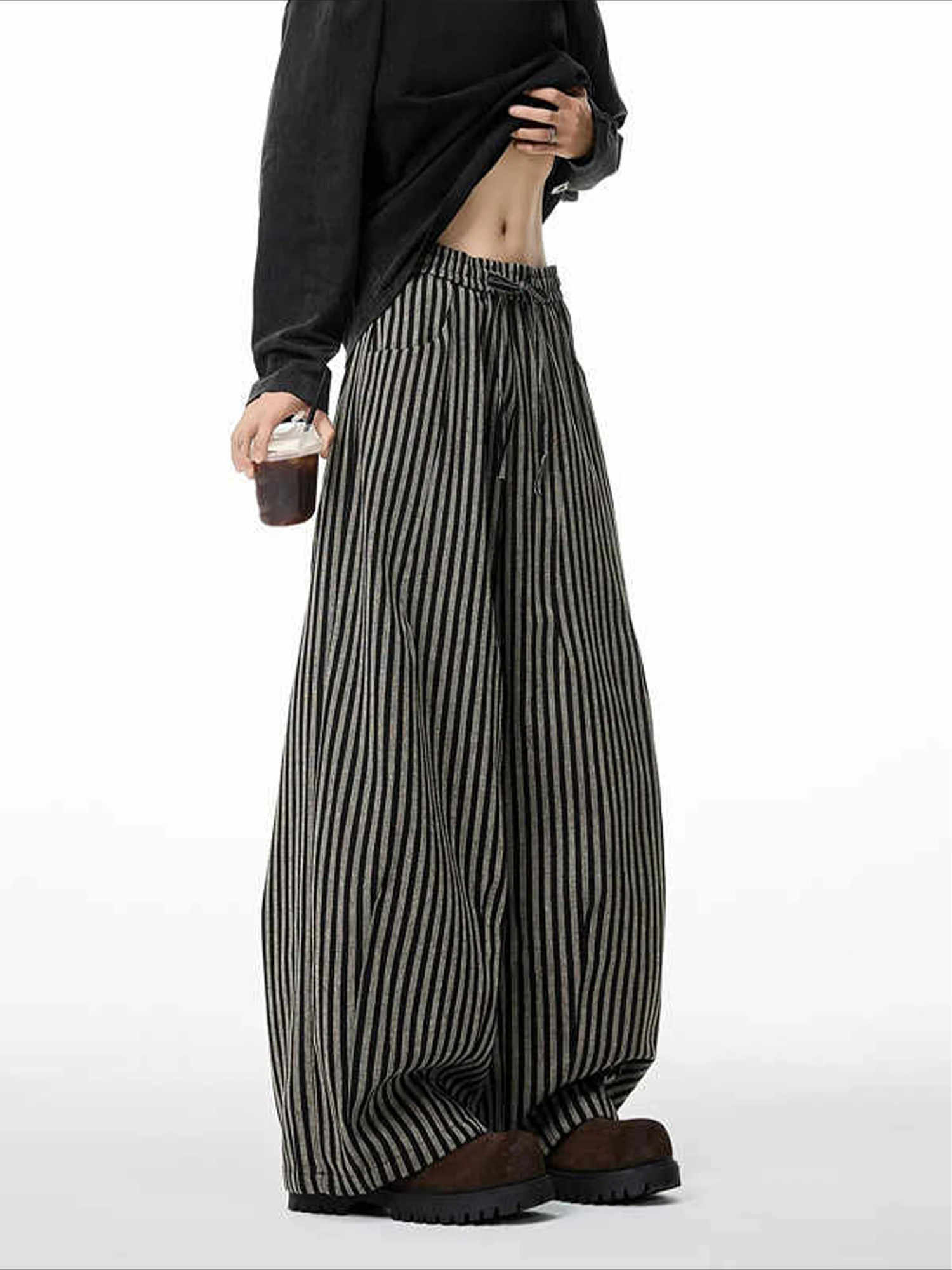 AliExpress Harajuku Contrast Color Stripe Wide Leg Trousers Vintage Grunge Loose Knitted Casual Pant Y2k Aesthetic Women Straight Pants, view 5