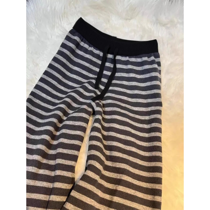 AliExpress Harajuku Contrast Color Stripe Wide Leg Trousers Vintage Grunge Loose Knitted Casual Pant Y2k Aesthetic Women Straight Pants, view 6