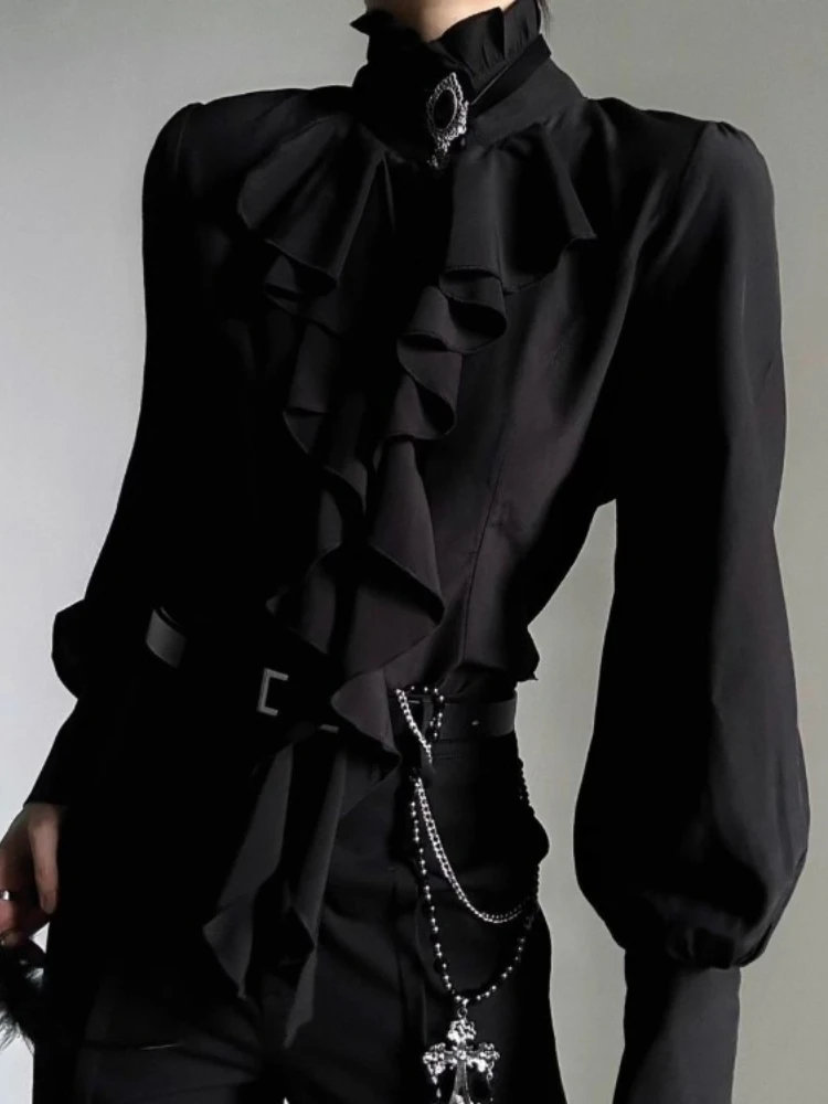AliExpress Harajuku Vintage Black Bottoming Shirt Women Stand Collar Ruffles Slim Blouses Japanese Victorian Long Sleeve Blusas De Mujer