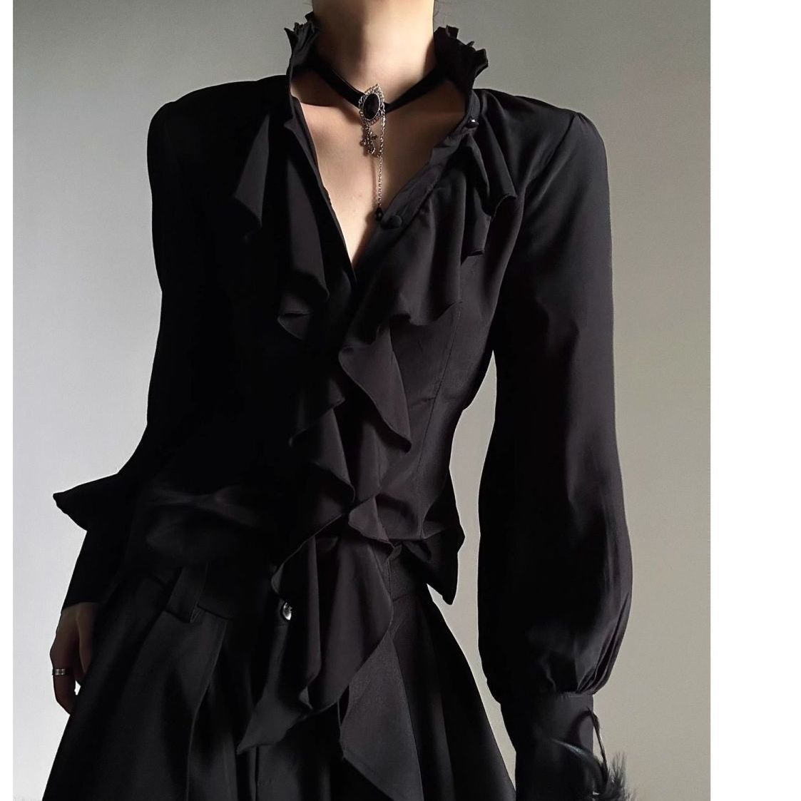 AliExpress Harajuku Vintage Black Bottoming Shirt Women Stand Collar Ruffles Slim Blouses Japanese Victorian Long Sleeve Blusas De Mujer, view 3