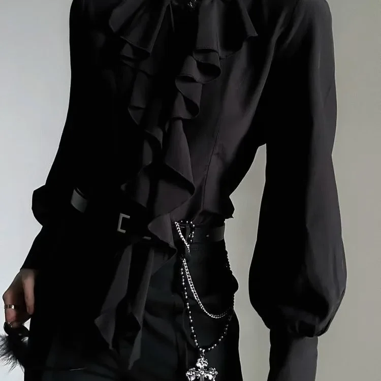 AliExpress Harajuku Vintage Black Bottoming Shirt Women Stand Collar Ruffles Slim Blouses Japanese Victorian Long Sleeve Blusas De Mujer, view 4