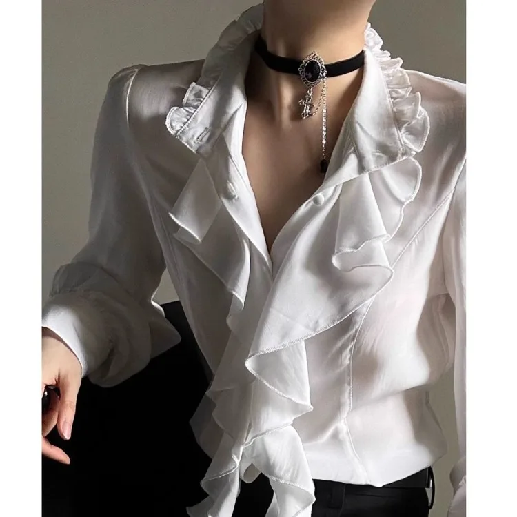 AliExpress Harajuku Vintage Black Bottoming Shirt Women Stand Collar Ruffles Slim Blouses Japanese Victorian Long Sleeve Blusas De Mujer, view 5