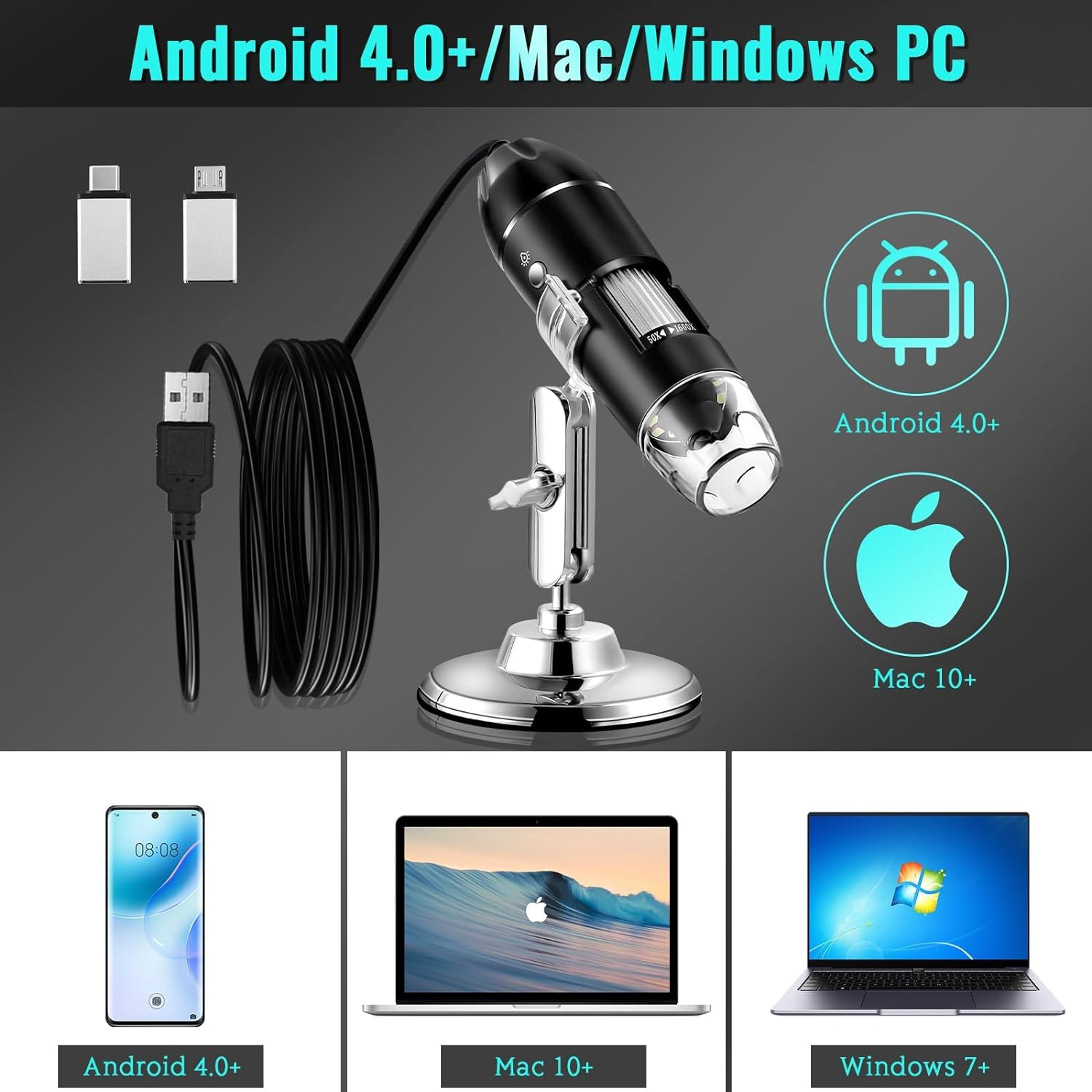 AliExpress Hayve 1600X USB Digital Microscope with 8 LEDs, view 6