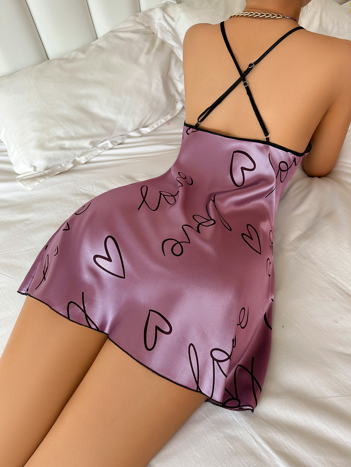 AliExpress Heart   Letter Print Nightdress  Casual Round Neck Spaghetti Strap Sleep Dress  Women's Sleepwear   Dresses, view 6