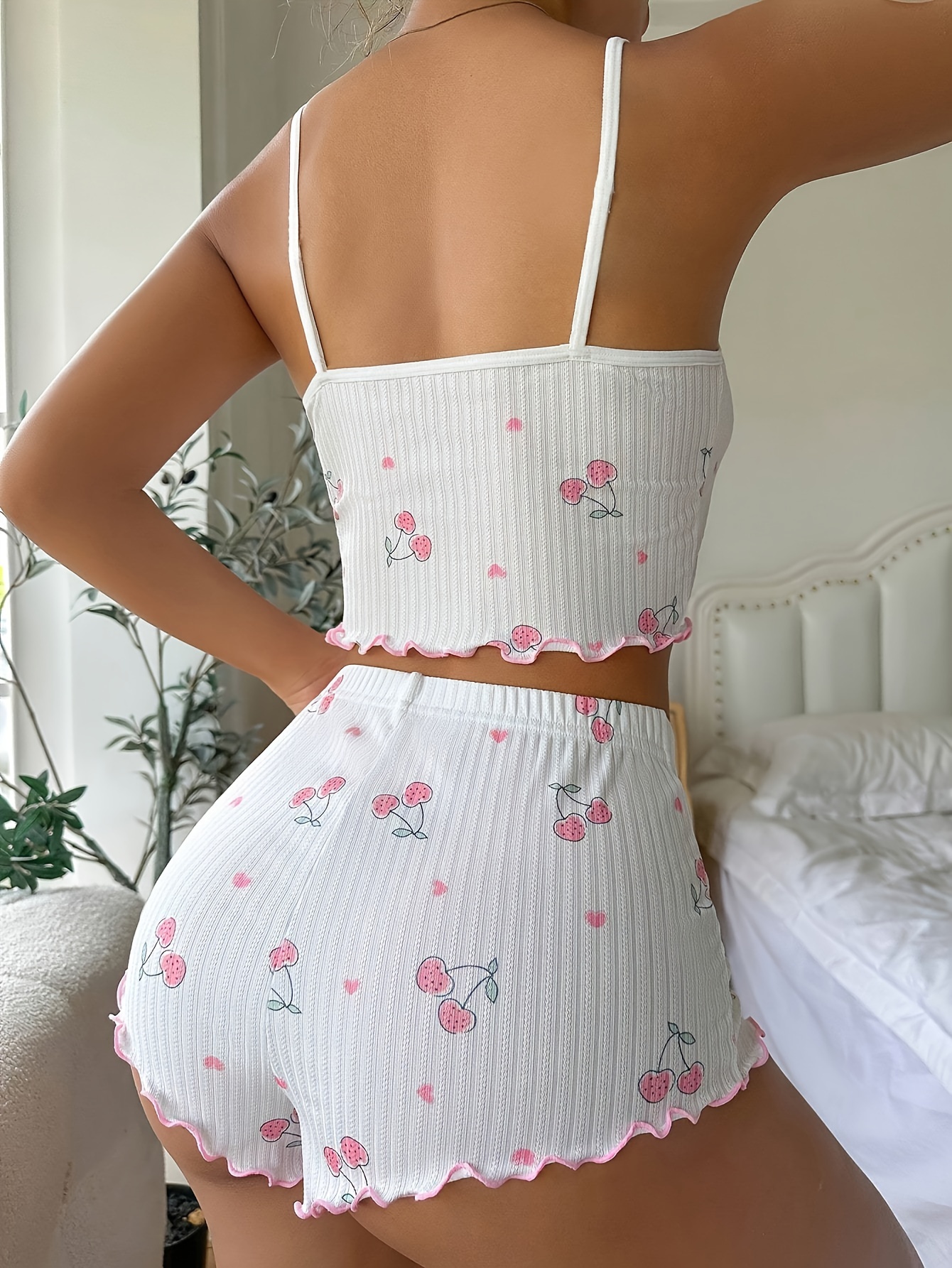 AliExpress Heart Print 2 Pieces Pajama Set for Women Sleepwear Round Neck Backless Comfortable Crop Cami Top & Shorts, Summer Loungewear, view 2