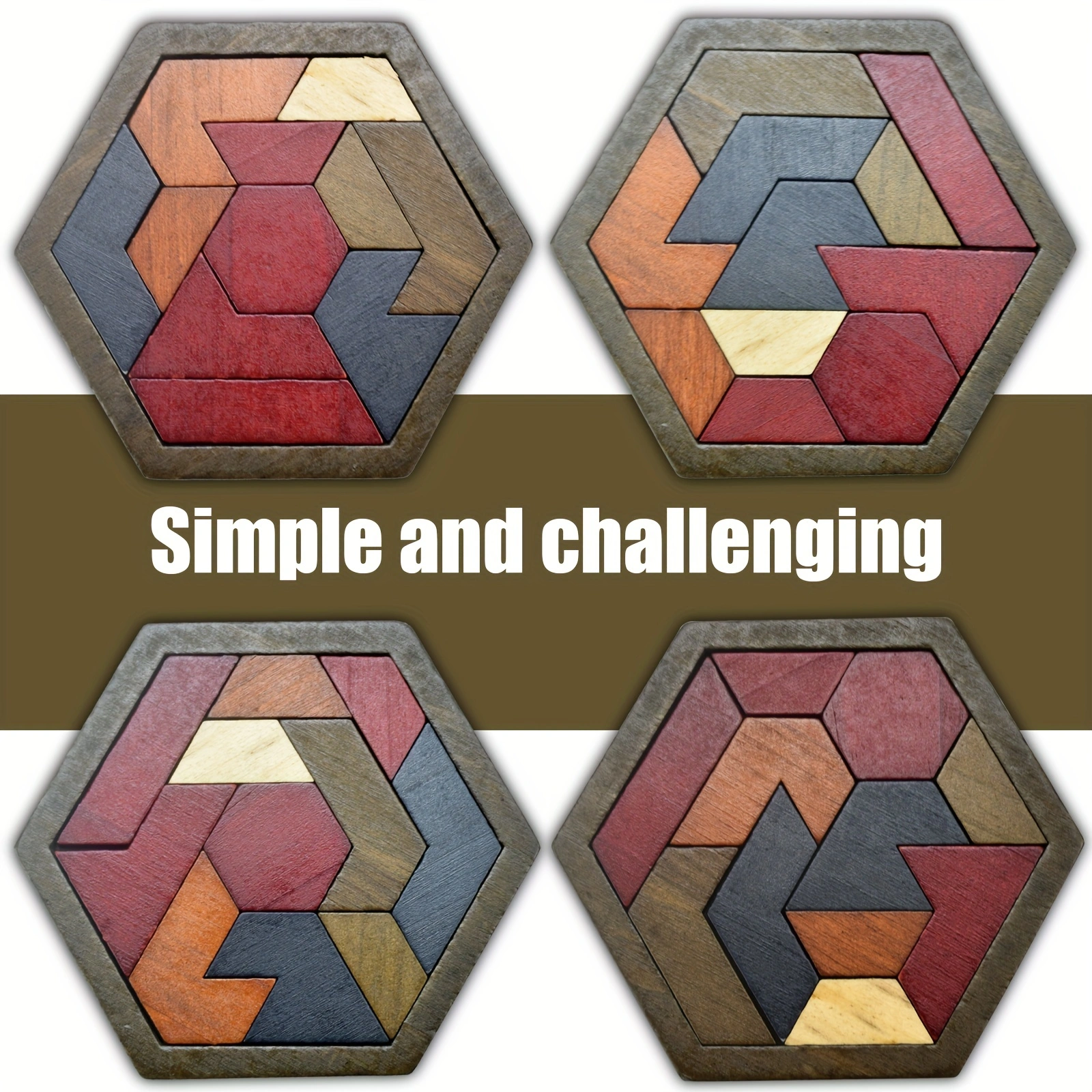 AliExpress Hexagon Tangram Puzzle, Wooden Puzzle Toys for Children and Adults, Challenging Puzzles Wooden Brain Teasers Puzzle for Adults, view 3