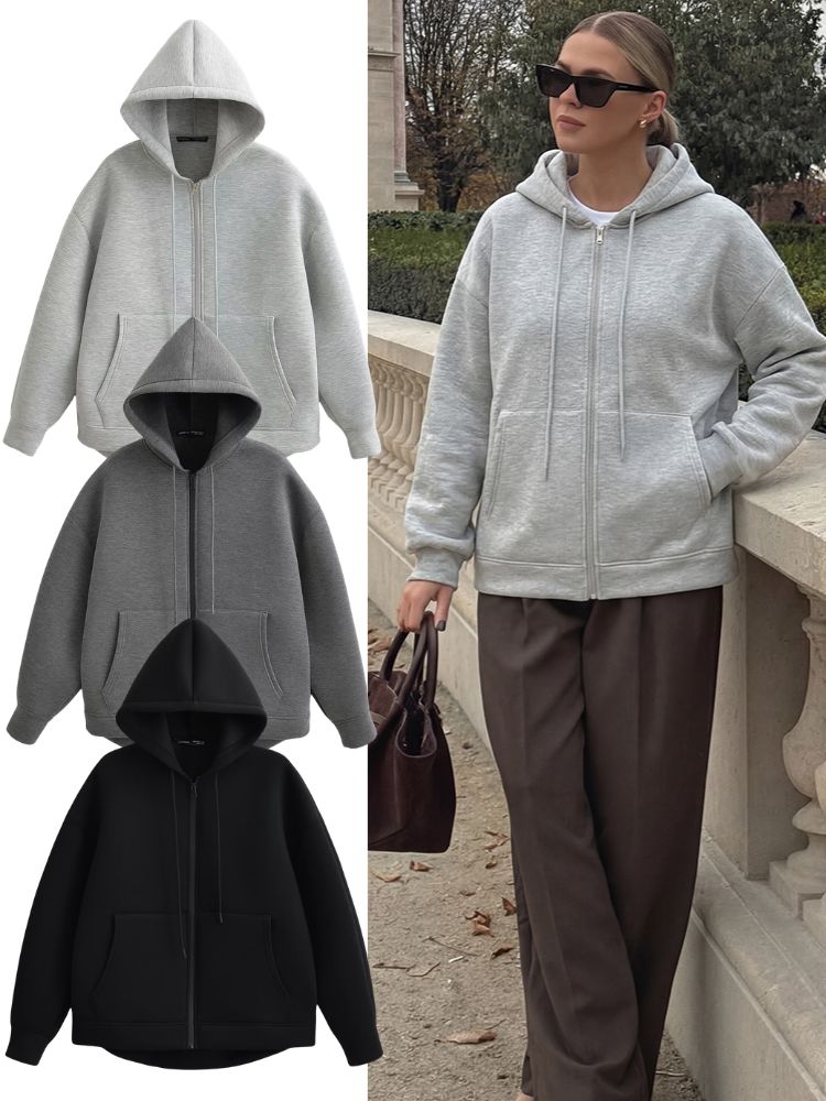 AliExpress HH 2026 Casual Women's Soild Zipper Hoodie Long Sleeve Big Pocket Zipper Jacket With Hood Female Loose Outerwear Coat Tops