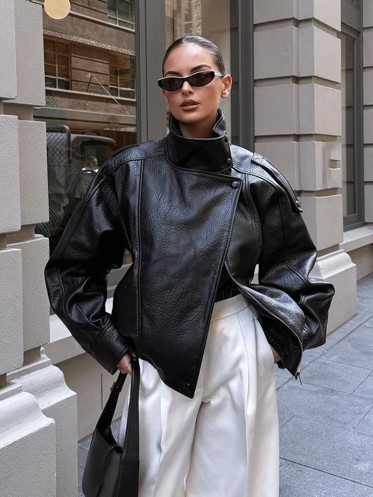 AliExpress HH Women Autumn Elegant Street Style Coats Woman Asymmetric Button Pocket Long Sleeves Black Loose Zipper Slim Jackets, view 4