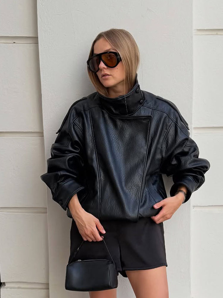 AliExpress HH Women Autumn Elegant Street Style Coats Woman Asymmetric Button Pocket Long Sleeves Black Loose Zipper Slim Jackets, view 5