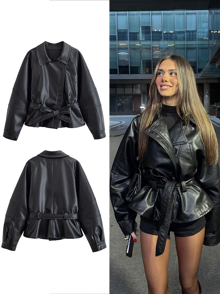 AliExpress HH Women Fashion Black Short Faux Leather Trench Coat Long Sleeve Lapel Jacket With Belt Vintage Lady Motorcycle Jacket Outwear