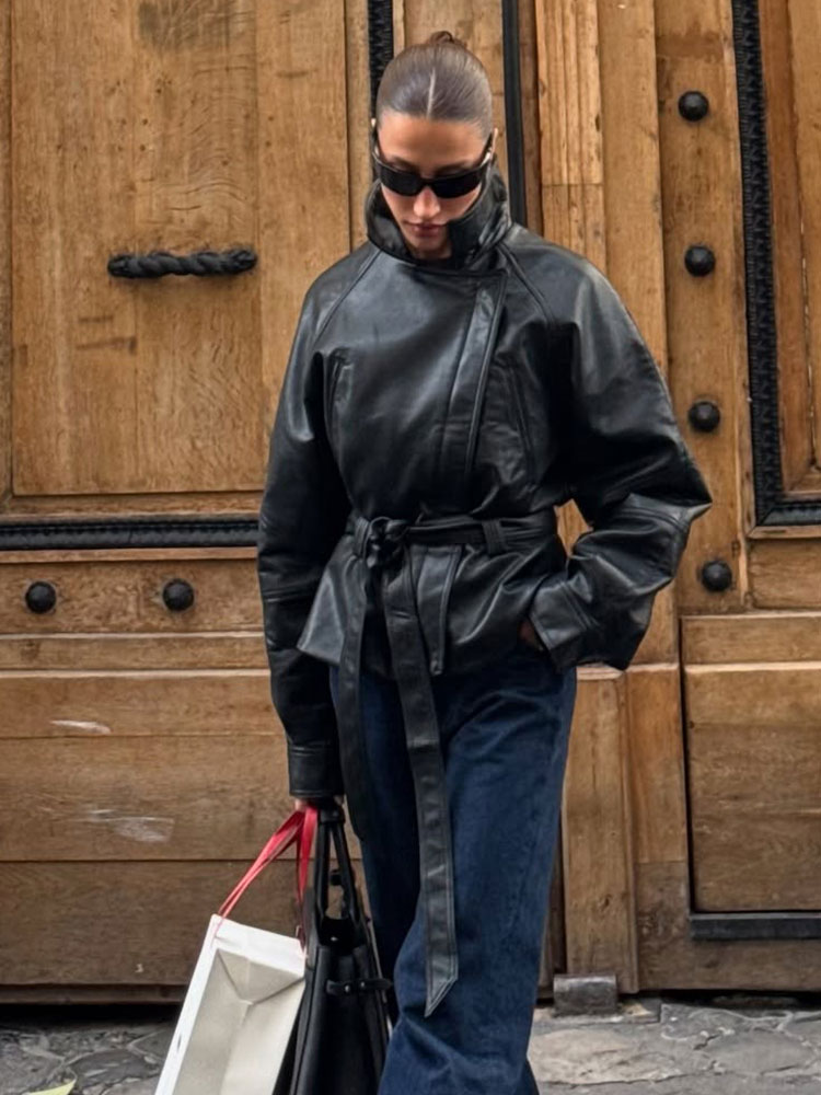 AliExpress HH Women Fashion Black Short Faux Leather Trench Coat Long Sleeve Lapel Jacket With Belt Vintage Lady Motorcycle Jacket Outwear, view 2
