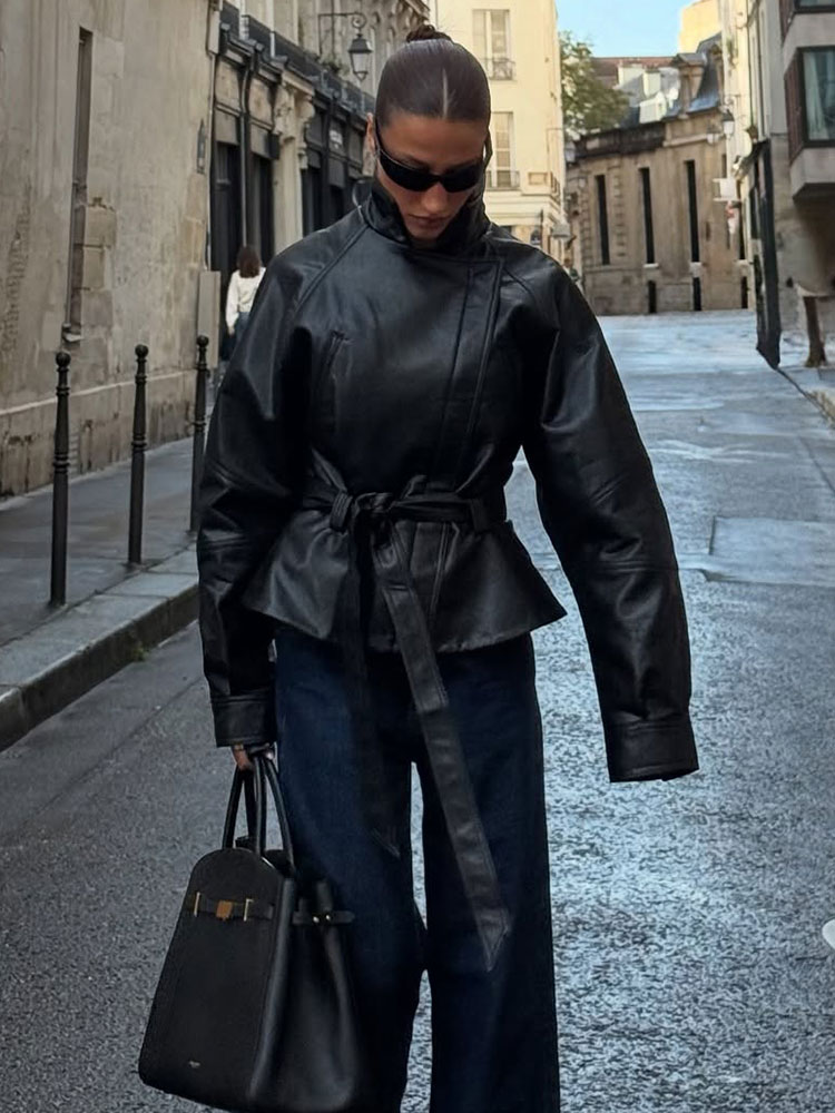 AliExpress HH Women Fashion Black Short Faux Leather Trench Coat Long Sleeve Lapel Jacket With Belt Vintage Lady Motorcycle Jacket Outwear, view 3