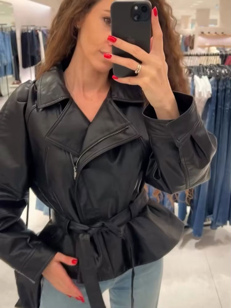 AliExpress HH Women Fashion Black Short Faux Leather Trench Coat Long Sleeve Lapel Jacket With Belt Vintage Lady Motorcycle Jacket Outwear, view 5