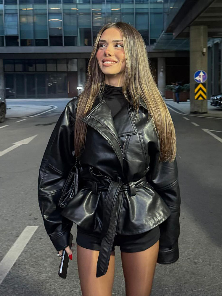 AliExpress HH Women Fashion Black Short Faux Leather Trench Coat Long Sleeve Lapel Jacket With Belt Vintage Lady Motorcycle Jacket Outwear, view 6