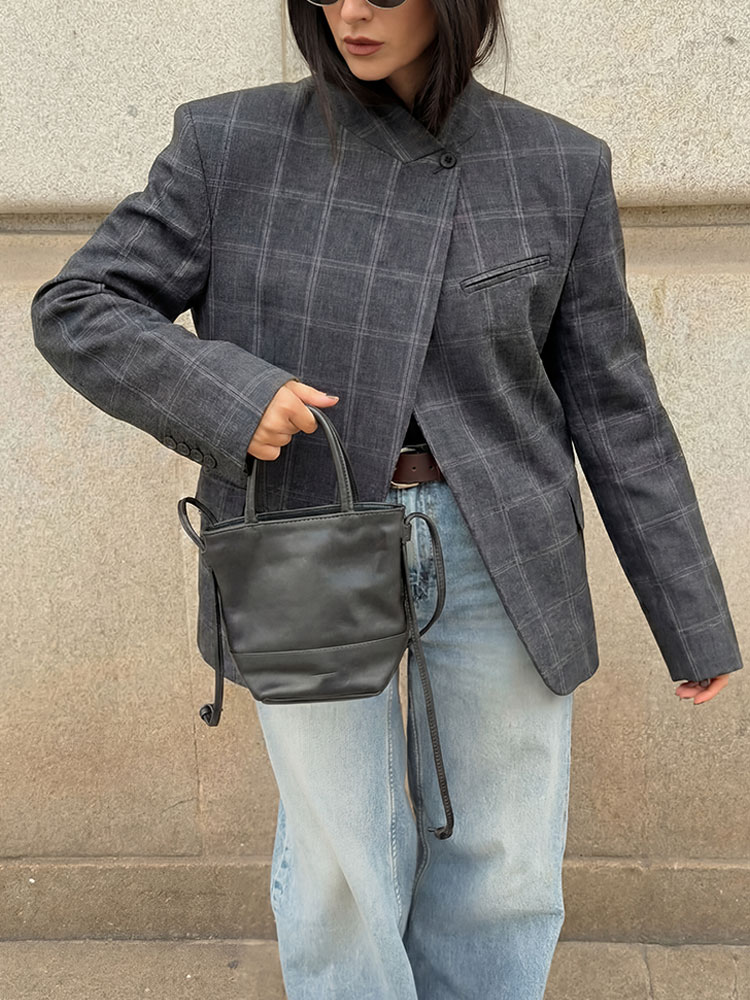 AliExpress HH Women Fashion Plaid Blazer Coat Stand Collar Long Sleeve Jacket 2026 Spring Trend Casual Office Lady Chic Outerwear