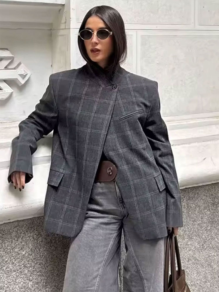 AliExpress HH Women Fashion Plaid Blazer Coat Stand Collar Long Sleeve Jacket 2026 Spring Trend Casual Office Lady Chic Outerwear, view 3