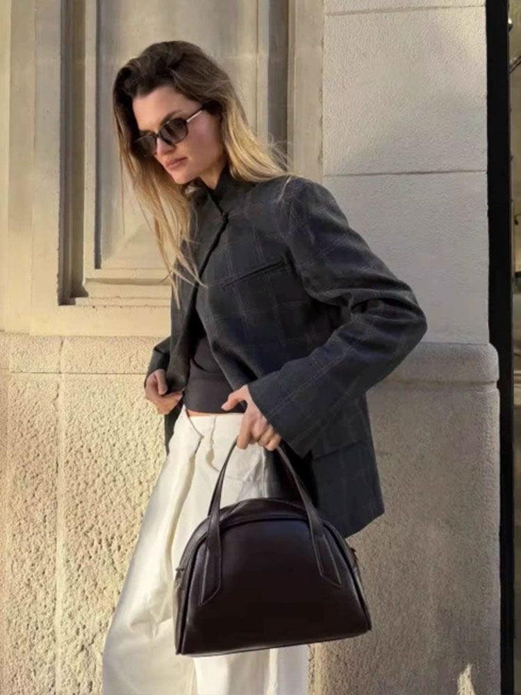 AliExpress HH Women Fashion Plaid Blazer Coat Stand Collar Long Sleeve Jacket 2026 Spring Trend Casual Office Lady Chic Outerwear, view 5