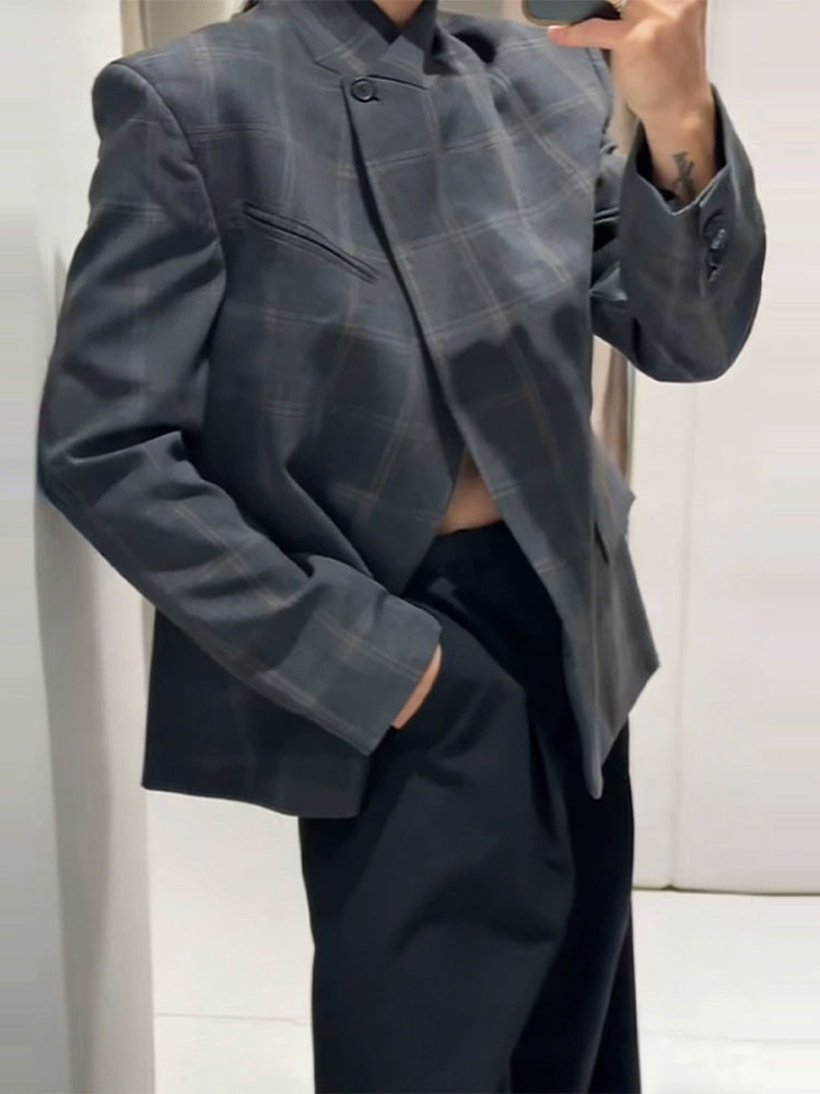 AliExpress HH Women Fashion Plaid Blazer Coat Stand Collar Long Sleeve Jacket 2026 Spring Trend Casual Office Lady Chic Outerwear, view 6