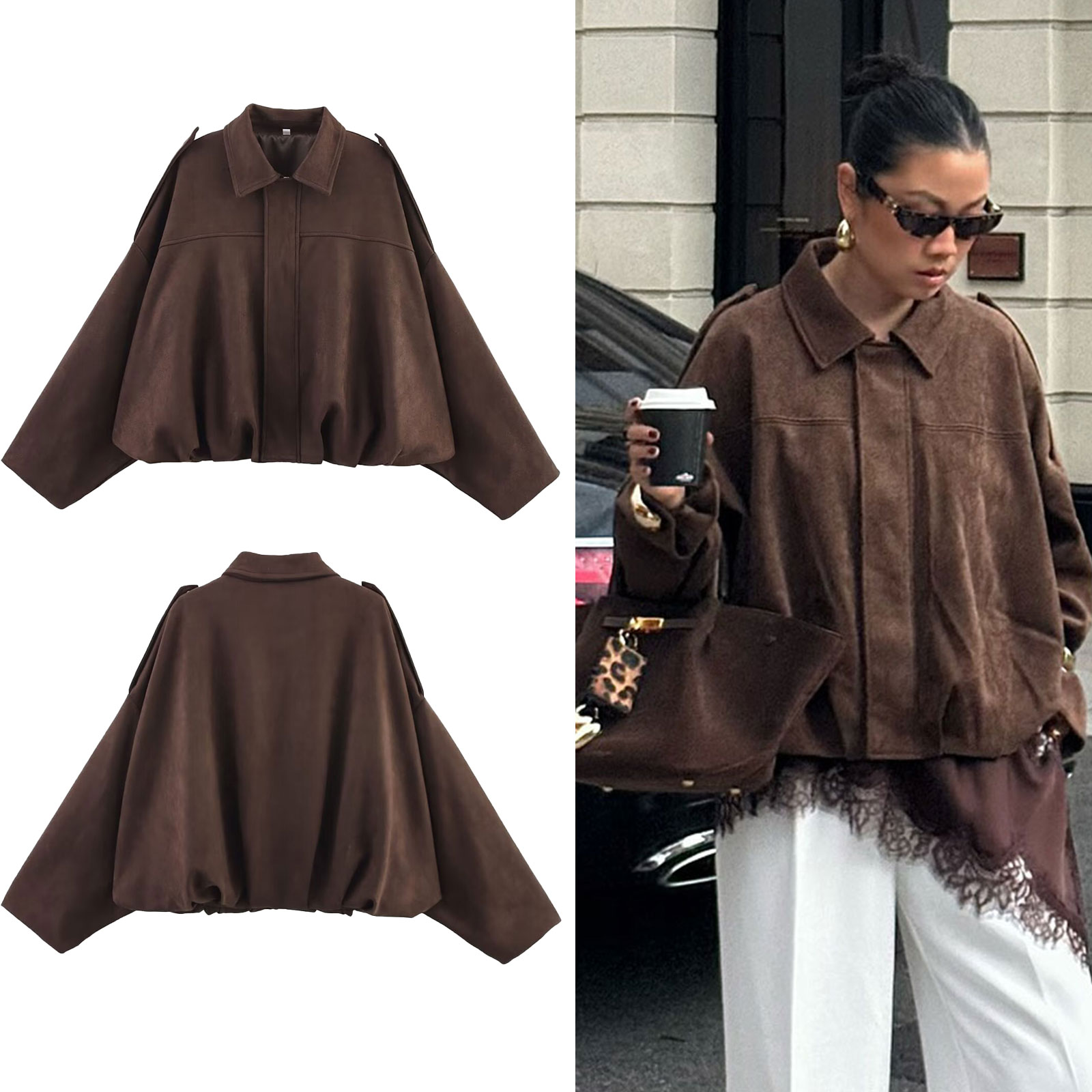 AliExpress HH Women's Street Fashion Solid Loose Suede Texture Coats Causal Long Bat Sleeves Lapel Zipper Fly Winter Vintage Jackets