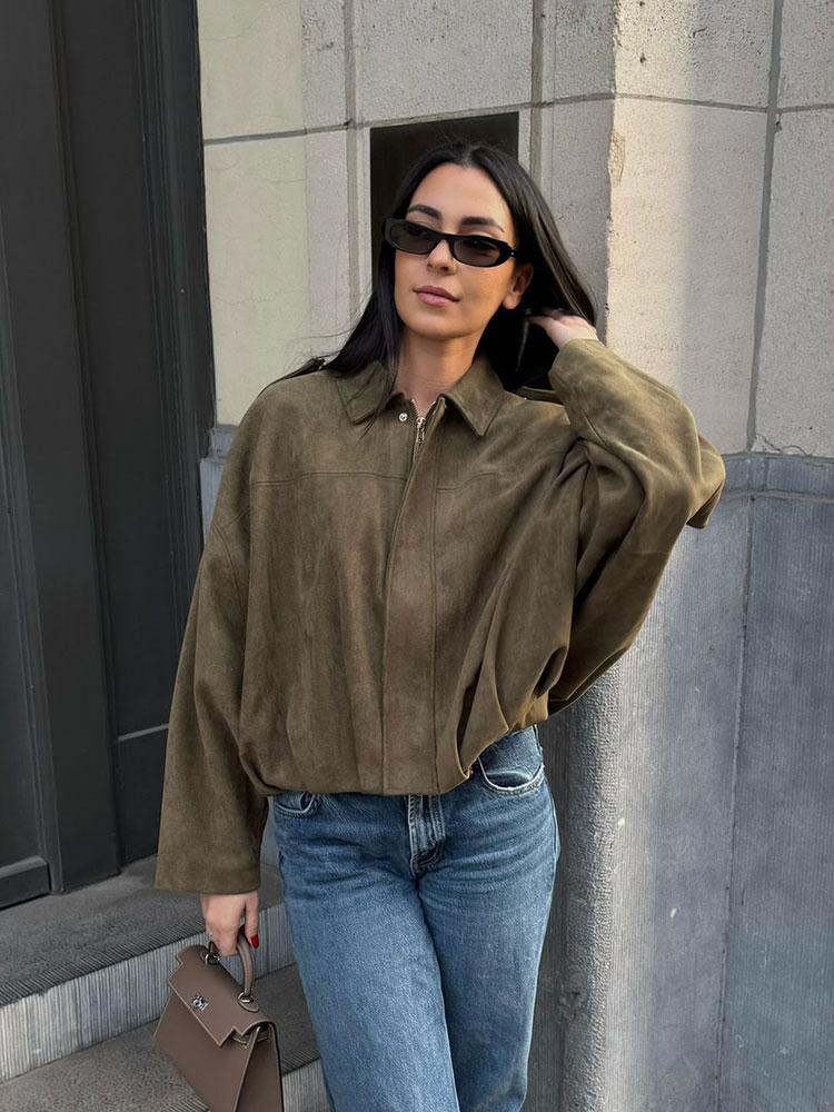 AliExpress HH Women's Street Fashion Solid Loose Suede Texture Coats Causal Long Bat Sleeves Lapel Zipper Fly Winter Vintage Jackets, view 3