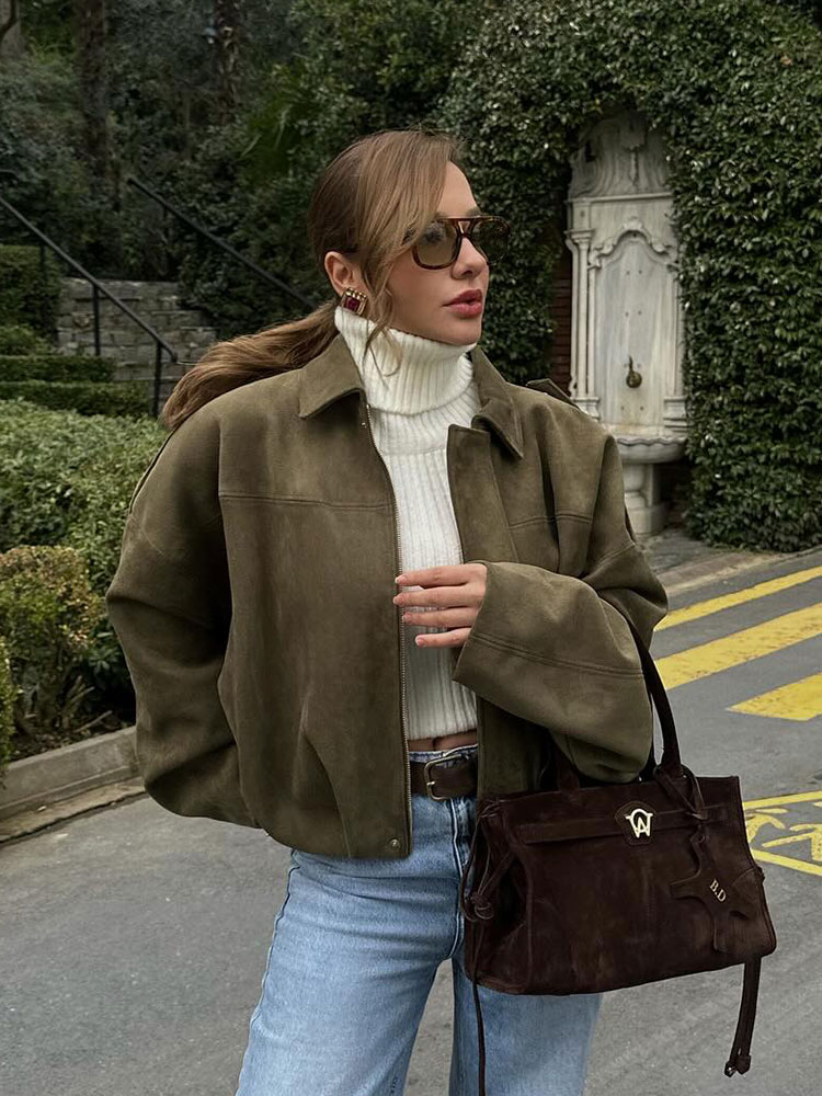 AliExpress HH Women's Street Fashion Solid Loose Suede Texture Coats Causal Long Bat Sleeves Lapel Zipper Fly Winter Vintage Jackets, view 4