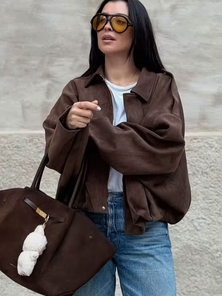 AliExpress HH Women's Street Fashion Solid Loose Suede Texture Coats Causal Long Bat Sleeves Lapel Zipper Fly Winter Vintage Jackets, view 5