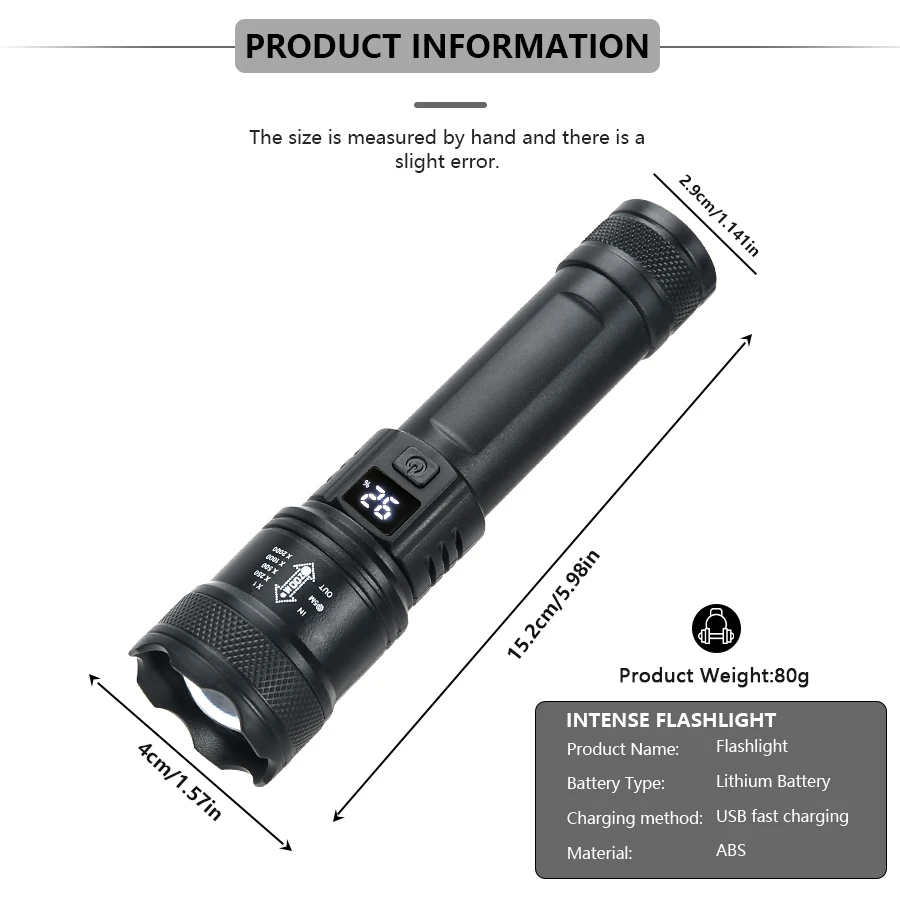 AliExpress High Strong Power Led Flashlights 2000LM Tactical Torch with Display Light USB Charging Camping Fishing Emergency Zoom Lantern, view 2