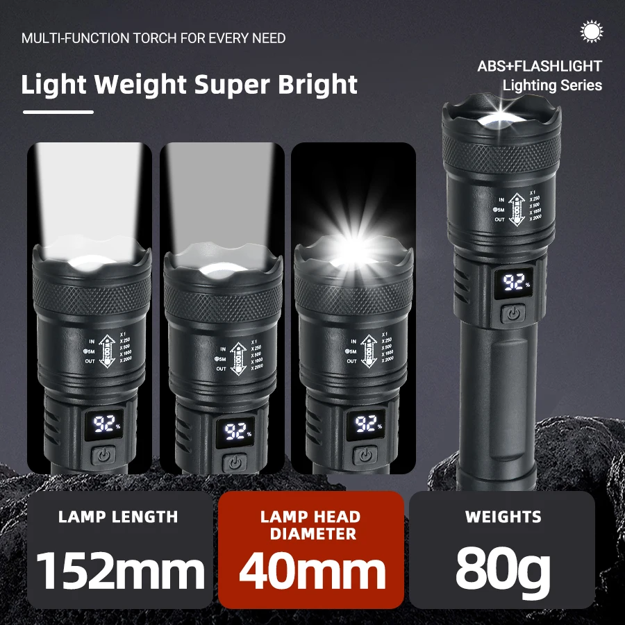 AliExpress High Strong Power Led Flashlights 2000LM Tactical Torch with Display Light USB Charging Camping Fishing Emergency Zoom Lantern, view 4