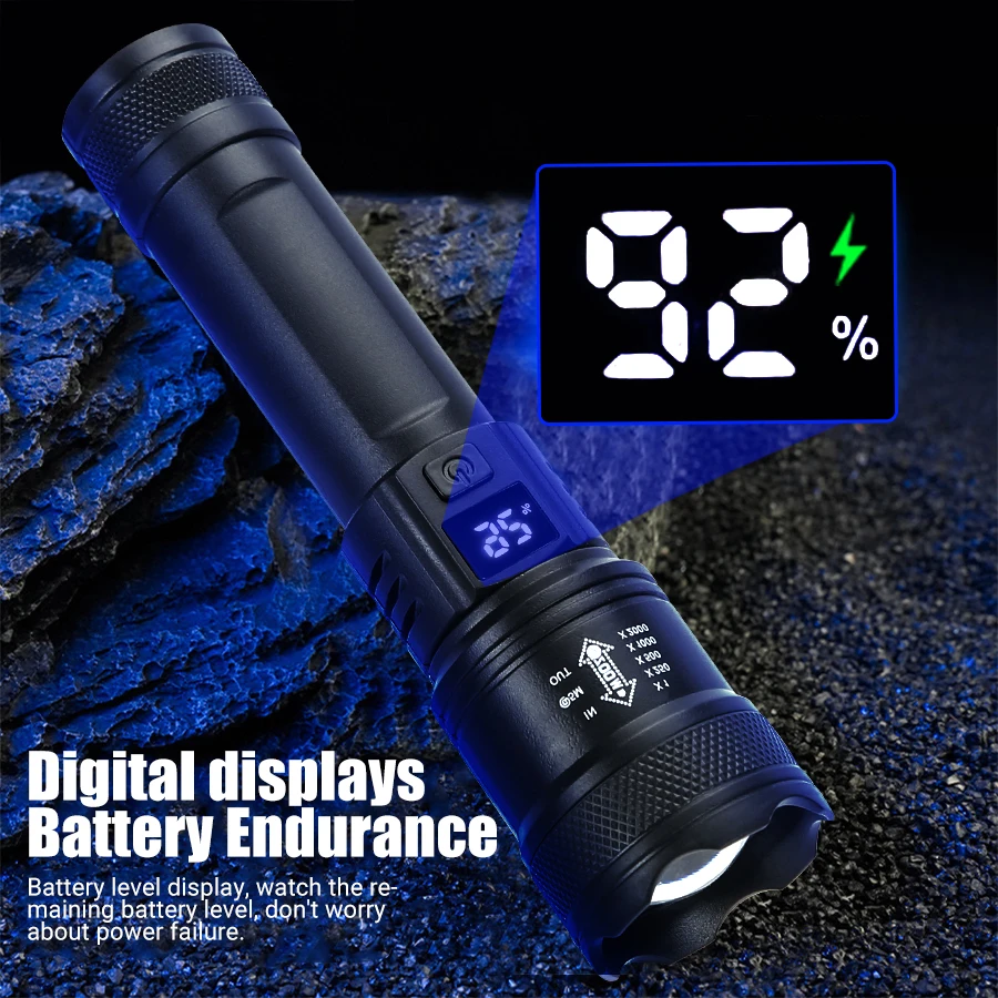 AliExpress High Strong Power Led Flashlights 2000LM Tactical Torch with Display Light USB Charging Camping Fishing Emergency Zoom Lantern, view 5