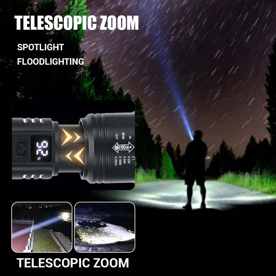 AliExpress High Strong Power Led Flashlights 2000LM Tactical Torch with Display Light USB Charging Camping Fishing Emergency Zoom Lantern, view 6