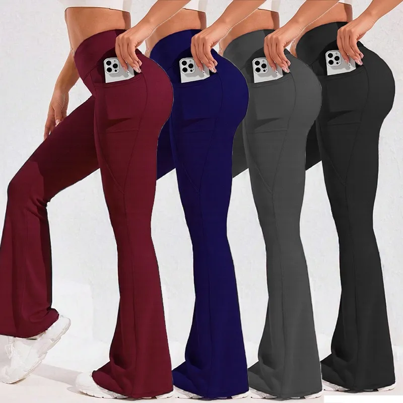 AliExpress High Waist Flare Leg Yoga Pants Women with Pocket Butt Liftting Running Tights Wide Leg Pants Gym Outdoor Trainning Leggings, view 6