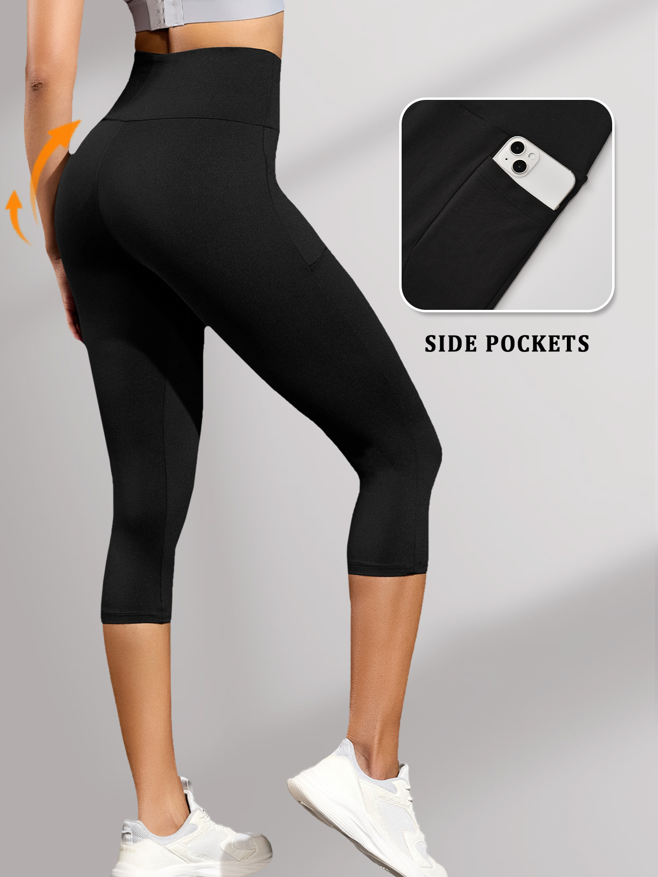 AliExpress High Waisted Capri Pants for Women with Pockets Tummy Control No See Through Workout Running Yoga Athletic Push Up Gym Leggings, view 2